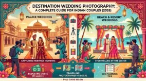 A vibrant, modern illustrative infographic-style featured image for a blog post. A central title banner across the top reads "DESTINATION WEDDING PHOTOGRAPHY: A COMPLETE GUIDE FOR INDIAN COUPLES (2026)". Below, the image is split into panels. On the left, a grand Indian palace heritage courtyard at golden hour with a decorated mandap, a smiling Indian couple in traditional wedding attire, and a professional photographer capturing the scene. A drone flies overhead. Text reads "PALACE HERITAGE WEDDINGS | CAPTURING GOLDEN MOMENTS". On the right, a scenic sea-front resort mandap with palm trees, a vibrant mandap, another happy Indian couple, and a second photographer. Sunlight sparkles on the water. Text reads "BEACH & RESORT WEDDINGS | STORYTELLING ON THE COAST". Below, smaller illustrative sections show icons and text for "COSTS & LOGISTICS (₹3 LAKH+)", "HIRING TIPS (TRAVEL vs LOCAL)", and "VENUE PERMISSIONS". Stylized floral elements, camera icons, traditional Indian patterns, and film strips are integrated throughout. The overall style is a clean modern illustration with bright, rich colors like deep reds, golds, oranges, teals, and pinks. Clean modern fonts.