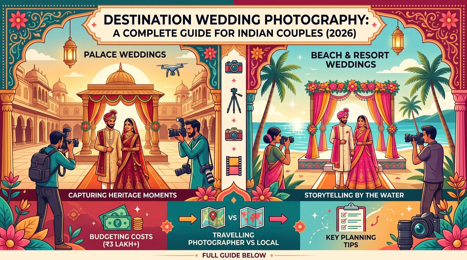 A vibrant, modern illustrative infographic-style featured image for a blog post. A central title banner across the top reads "DESTINATION WEDDING PHOTOGRAPHY: A COMPLETE GUIDE FOR INDIAN COUPLES (2026)". Below, the image is split into panels. On the left, a grand Indian palace heritage courtyard at golden hour with a decorated mandap, a smiling Indian couple in traditional wedding attire, and a professional photographer capturing the scene. A drone flies overhead. Text reads "PALACE HERITAGE WEDDINGS | CAPTURING GOLDEN MOMENTS". On the right, a scenic sea-front resort mandap with palm trees, a vibrant mandap, another happy Indian couple, and a second photographer. Sunlight sparkles on the water. Text reads "BEACH & RESORT WEDDINGS | STORYTELLING ON THE COAST". Below, smaller illustrative sections show icons and text for "COSTS & LOGISTICS (₹3 LAKH+)", "HIRING TIPS (TRAVEL vs LOCAL)", and "VENUE PERMISSIONS". Stylized floral elements, camera icons, traditional Indian patterns, and film strips are integrated throughout. The overall style is a clean modern illustration with bright, rich colors like deep reds, golds, oranges, teals, and pinks. Clean modern fonts.