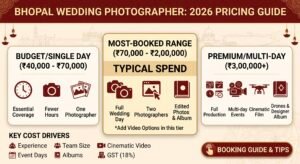 A modern infographic-style featured image summarizing 2026 wedding photographer costs in Bhopal. The top banner reads: 'BHOPAL WEDDING PHOTOGRAPHER: 2026 PRICING GUIDE'. The body is divided into three distinct vertical panels: Left Panel: 'BUDGET/SINGLE DAY (₹40,000 - ₹70,000)' with icons and text: 'Essential Coverage', 'Fewer Hours', 'One Photographer'. Center Panel (Highlighted as 'MOST-BOOKED RANGE (₹70,000 - ₹2,00,000)'): Title 'TYPICAL SPEND', with icons and text: 'Full Wedding Day', 'Two Photographers', 'Edited Photos & Album', with a note: '*Add Video Options in this tier'. Right Panel: 'PREMIUM/MULTI-DAY (₹3,00,000+)' with icons and text: 'Full Production', 'Multi-day Events', 'Cinematic Film', 'Drone & Designer Album'. Each panel has corresponding icons for cameras, deliverables, and service scope. Below the panels, a horizontal section lists 'KEY COST DRIVERS' with small icons: 'Experience', 'Event Days', 'Team Size', 'Cinematic Video', 'Albums', 'GST (18%)'. A prominent, stylized button in the bottom right corner reads: 'BOOKING GUIDE & TIPS'. The background has subtle traditional Indian wedding motifs and soft architectural outlines of Bhopal landmarks.