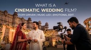 A professional photographer uses a cinema camera on a gimbal to film an Indian bride and groom laughing naturally at an outdoor dusk wedding in Gwalior, India. A small drone is also visible. Text overlays on the image read "WHAT IS A CINEMATIC WEDDING FILM?", "STORY-DRIVEN | MUSIC-LED | EMOTIONAL EDIT", and "INDIA | GWALIOR | 2026 TRENDS", with the Capturing Vivah Films logo.