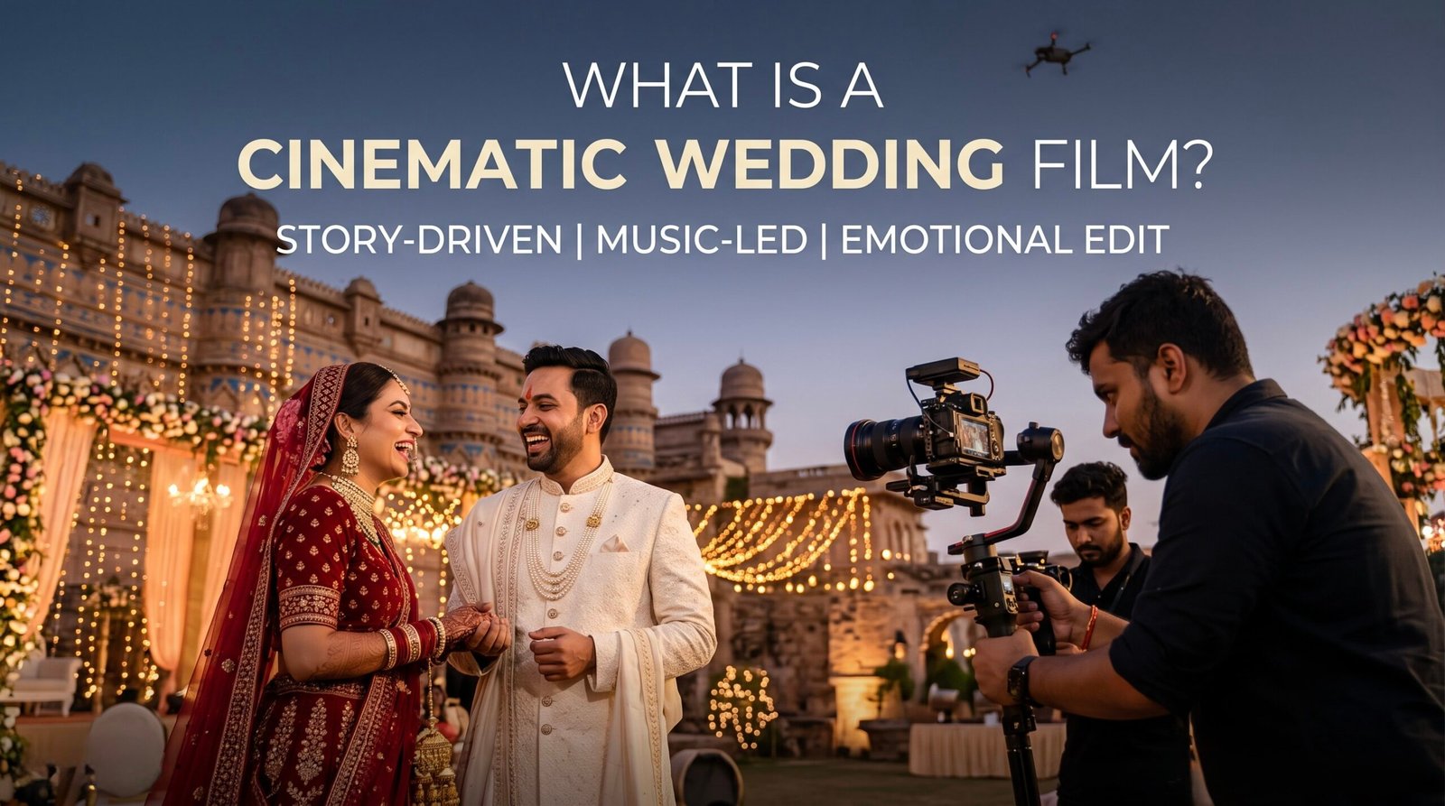A professional photographer uses a cinema camera on a gimbal to film an Indian bride and groom laughing naturally at an outdoor dusk wedding in Gwalior, India. A small drone is also visible. Text overlays on the image read "WHAT IS A CINEMATIC WEDDING FILM?", "STORY-DRIVEN | MUSIC-LED | EMOTIONAL EDIT", and "INDIA | GWALIOR | 2026 TRENDS", with the Capturing Vivah Films logo.