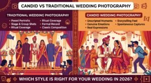 A modern illustrated comparison graphic split into two panels under the title "CANDID VS TRADITIONAL WEDDING PHOTOGRAPHY". The left panel, titled "TRADITIONAL WEDDING PHOTOGRAPHY", features a posed family portrait of an Indian couple and elders on a formal stage with decorative drapes. Text points include: Posed Portraits, Stage & Group Shots, Ritual Coverage, Formal Record, and Classic Composition, with multiple camera icons and photo lights pointed at them. The right panel, titled "CANDID WEDDING PHOTOGRAPHY", features a joyful, candid moment where the bride and groom are laughing and looking at each other, actively engaged. Text points include: Unscripted Moments, Genuine Emotions, Real Expressions, Storytelling Feel, and Spontaneous Captures, with a photographer taking a photo. The scene includes stylized text bubbles like "STORYTELLING FEEL". The footer asks, "WHICH STYLE IS RIGHT FOR YOUR WEDDING IN 2026?".